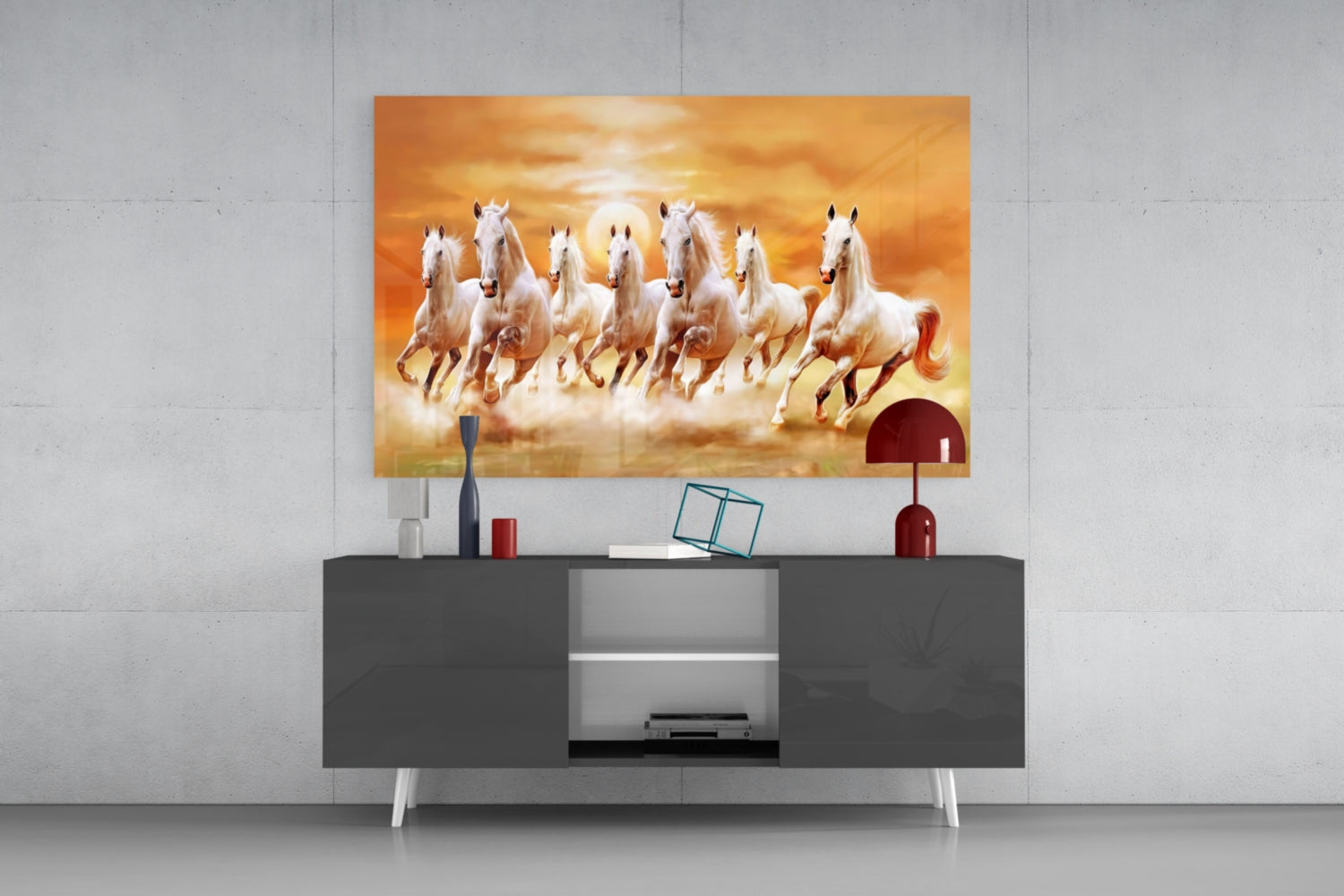 Running Horses Glass Art displayed above a gray media console, showing white horses galloping against golden sunset sky.