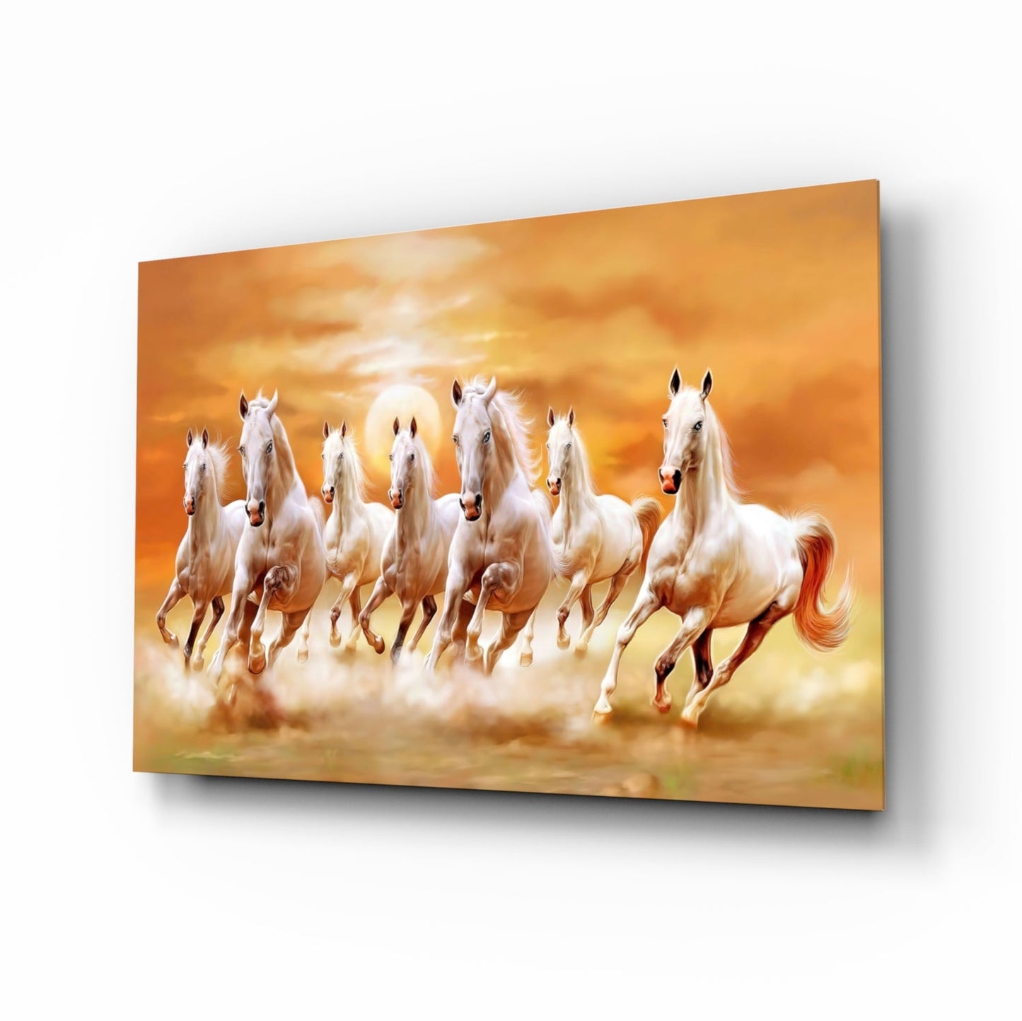 Seven white horses galloping through golden dust beneath a warm sunset sky on glass art panel.