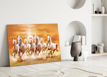 Running Horses glass art leaning against white wall in minimalist room with decorative objects and shelving.