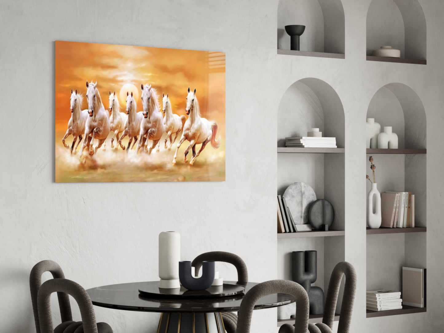 Running Horses Glass Art displayed on white wall above black dining table in modern interior with built-in shelving.