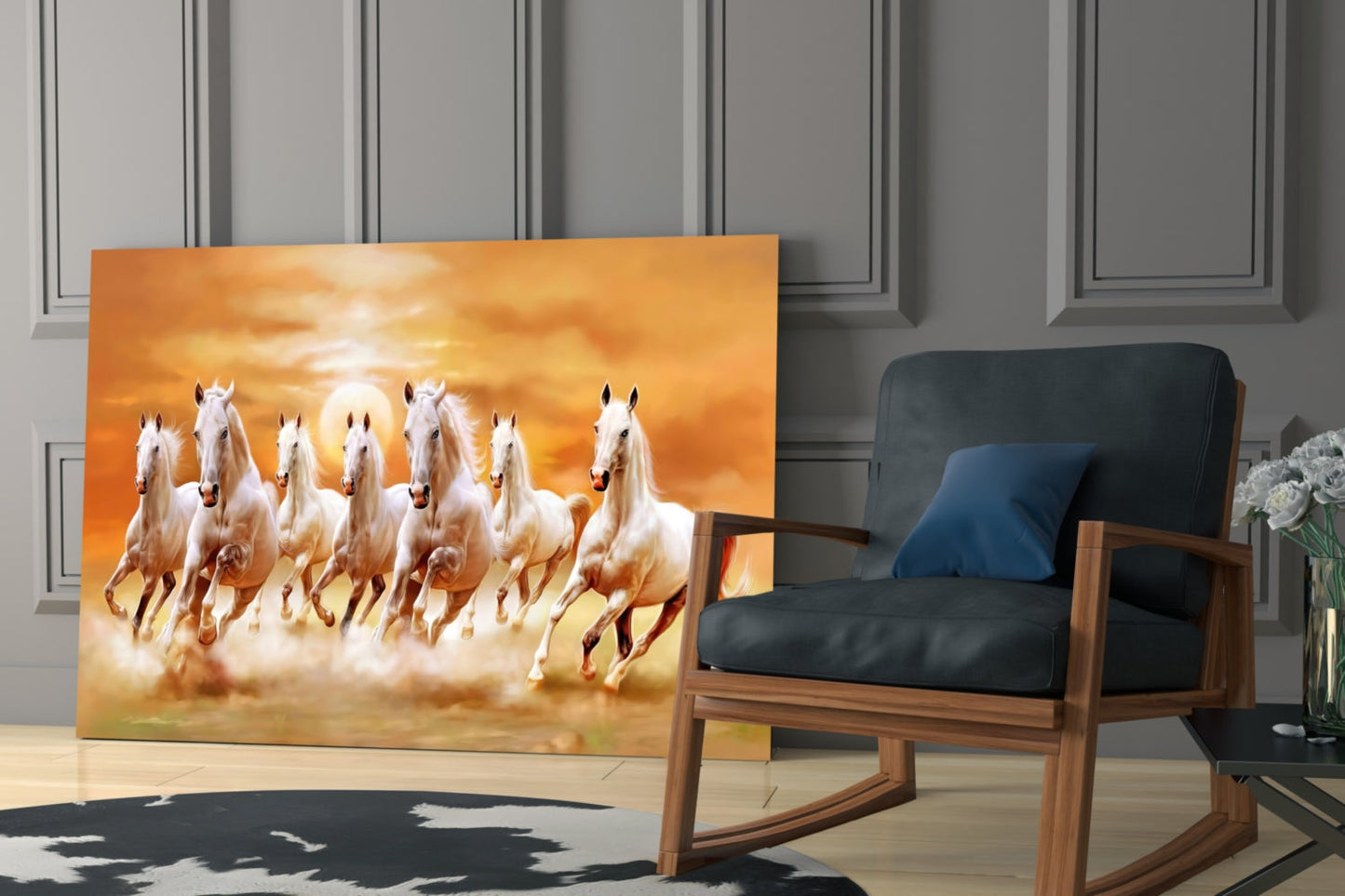 Running Horses Glass Art displayed leaning against wall beside wooden chair in modern room setting, showing white horses galloping against golden sunset sky.
