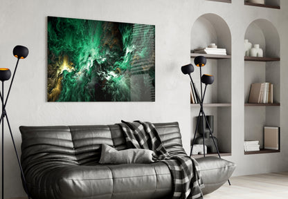 Green Gold Ink Cloud Abstract Glass Wall Art