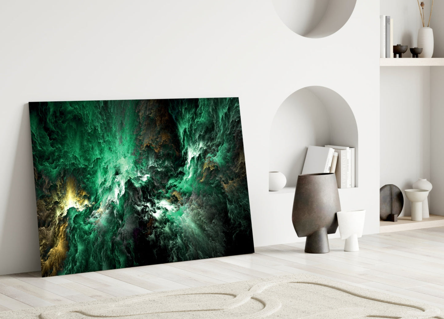 Green Gold Ink Cloud Abstract Glass Wall Art