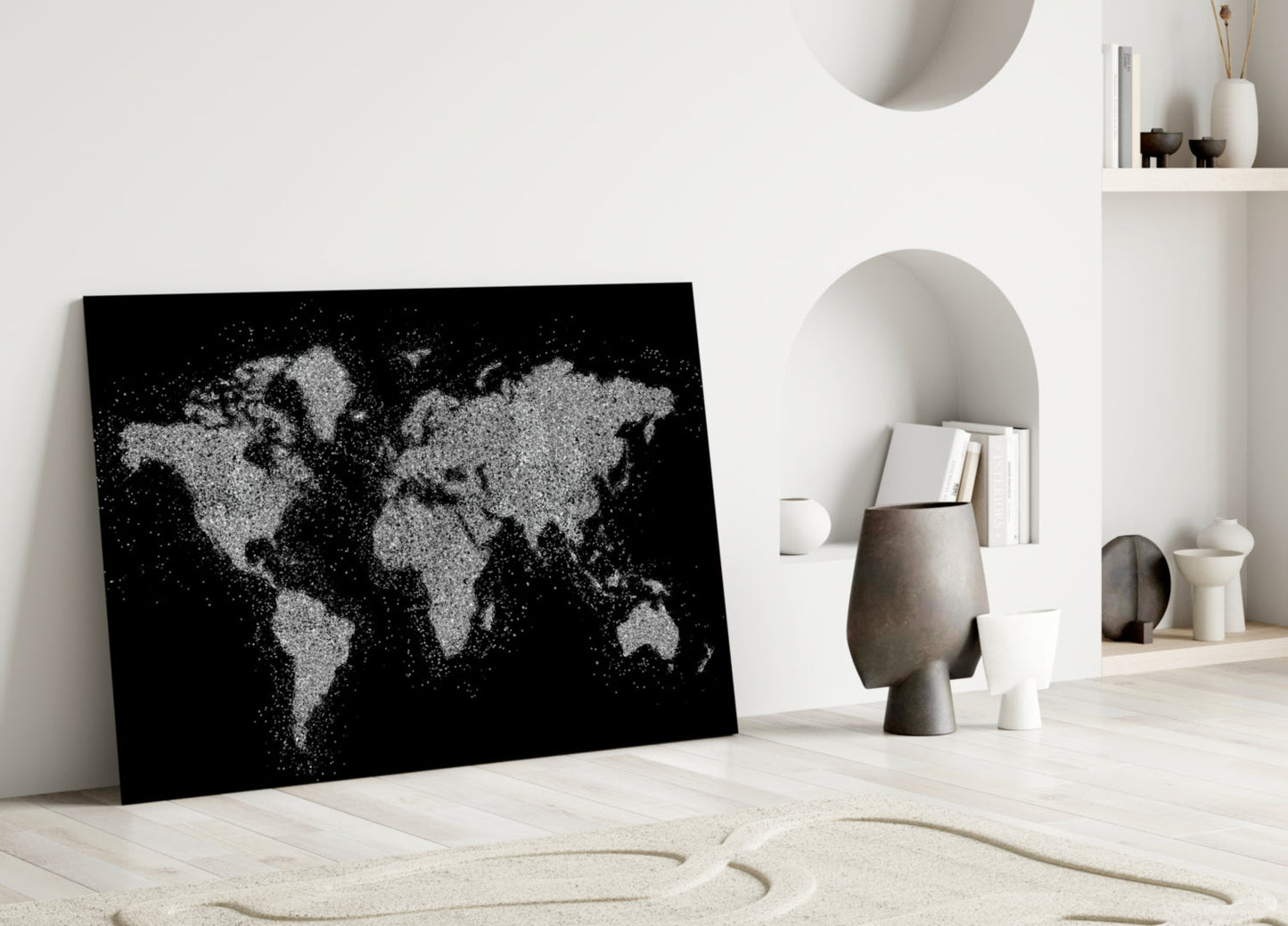 Silver Dotted Continents World Map Glass Wall Art