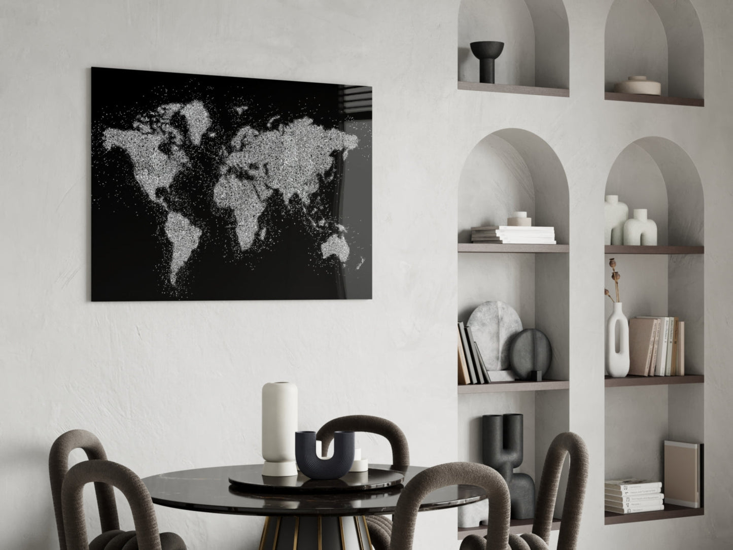 Silver Dotted Continents World Map Glass Wall Art