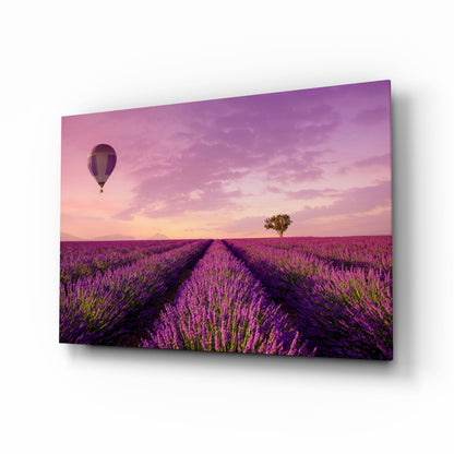 Glass art canvas angled view showing lavender field rows with hot air balloon and solitary tree at sunset.