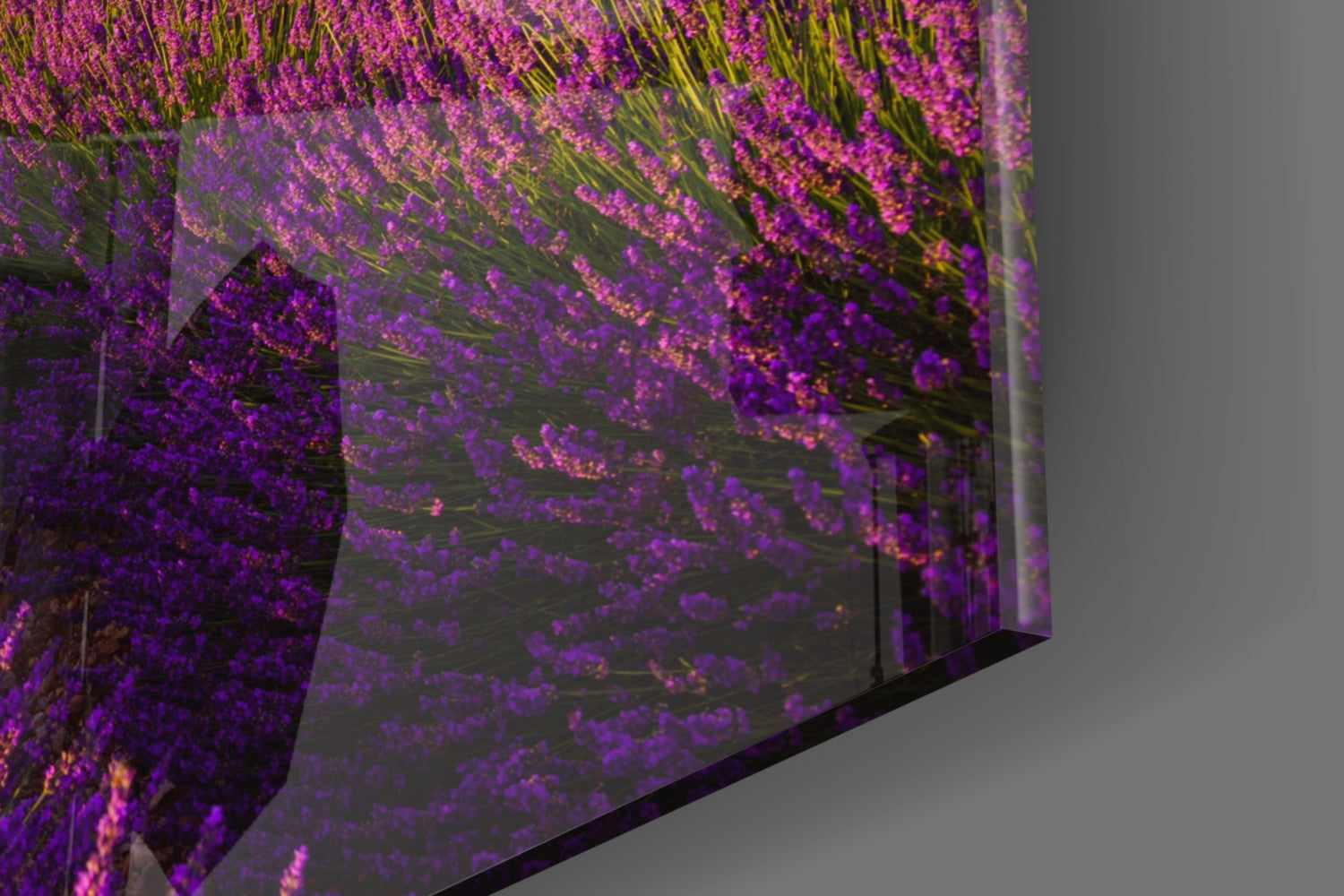 Three-dimensional glass art panel displaying layered lavender flowers in purple and magenta tones with green stems, photographed at an angled perspective against gray background.