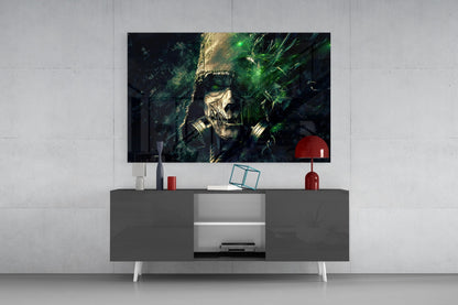 Modern living room setup with mounted TV displaying skull artwork, gray media console with white legs, red lamp, and decorative items on white wall.