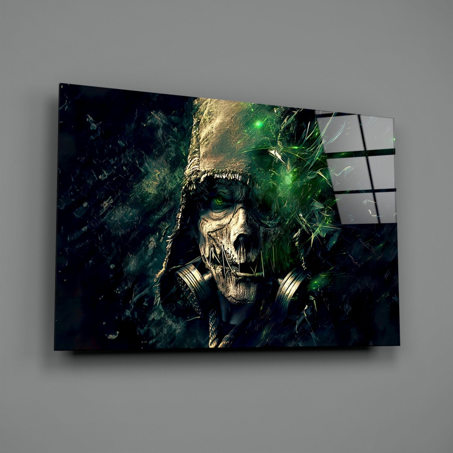 Mounted glass art panel displaying skeletal skull figure with green luminescent effects and dark atmospheric background.
