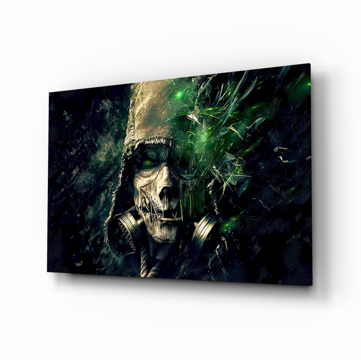 Glass art panel displaying a skull with glowing green eyes surrounded by dark foliage and illuminated decorative elements, mounted at an angle.