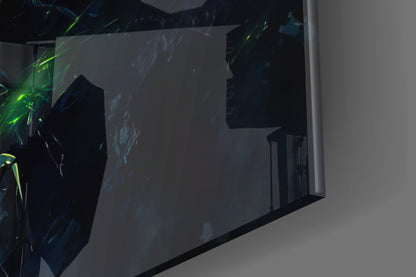 Angled view of frosted glass balustrade panel with dark silhouette and neon green accents against white wall.