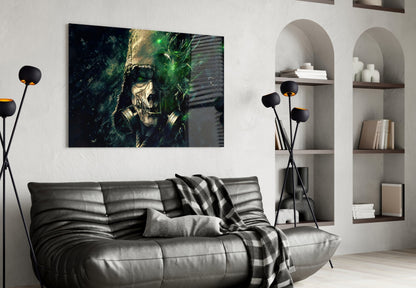 Modern living room with black leather sofa, wall-mounted artwork featuring skull design, and arched alcove shelving with white decorative objects.