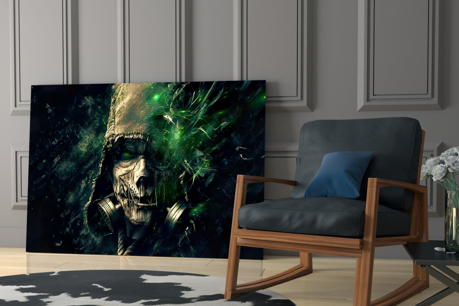 Dark glass art panel featuring skull with green glowing elements displayed in modern living room setting.