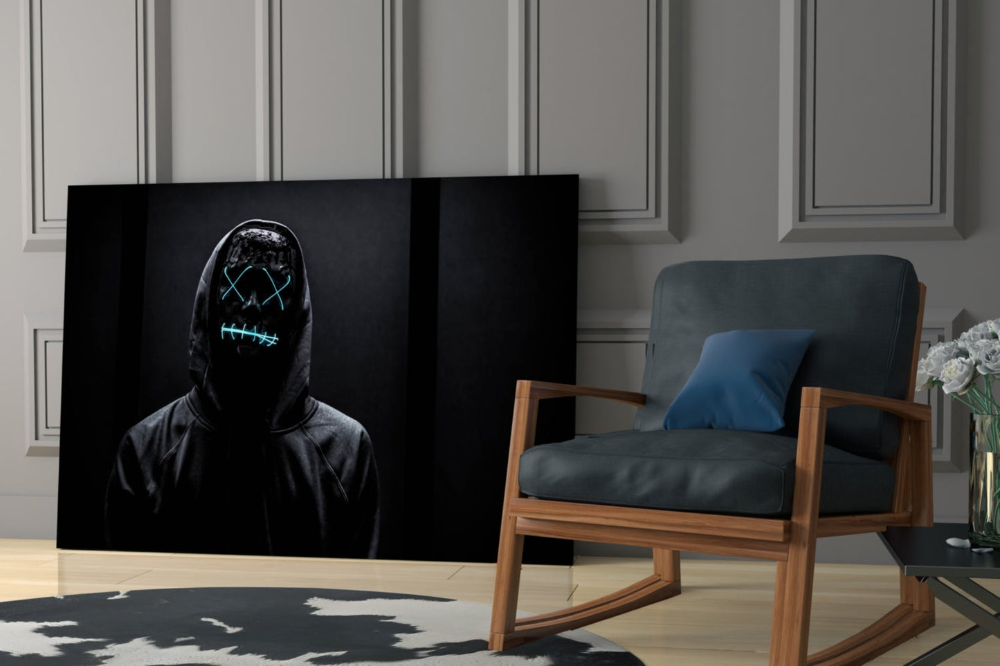 Neon glowing X eyes and stitched mouth on hooded figure in dark room setting with mid-century modern chair.