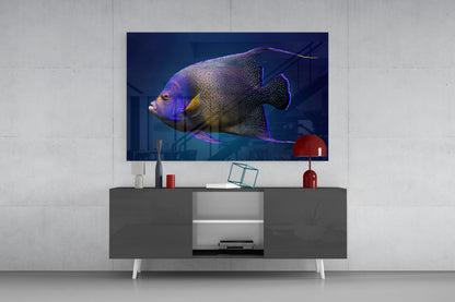 Queen Angelfish glass art displayed on living room media console, showing purple and gold fish against dark blue background.