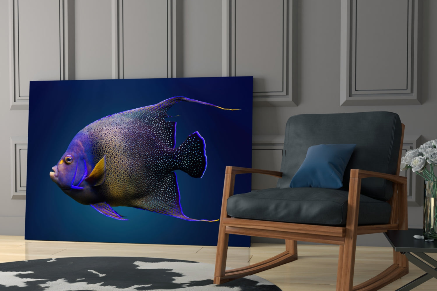 Queen Angelfish glass art displayed on easel in modern room with wooden chair, showing colorful fish against deep blue background.