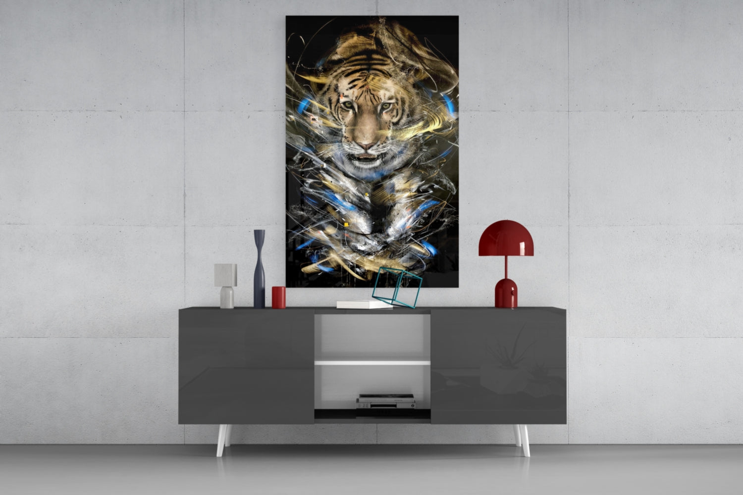 Tiger glass art with gold and blue abstract brushstrokes displayed on modern console table with red lamp and accessories.