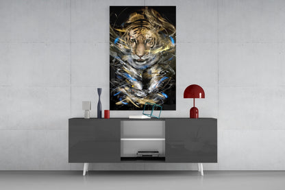 Tiger glass art with gold and blue abstract brushstrokes displayed on modern console table with red lamp and accessories.