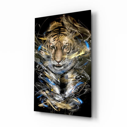 Tiger glass art displayed at an angle showing a tiger's face with blue and gold abstract splatter effects on black background.