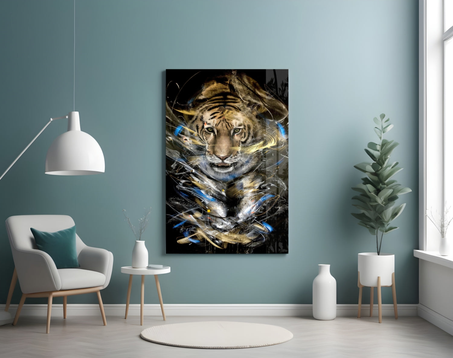 Tiger glass art depicting a tiger's face with gold and blue abstract streaks on black background, displayed on turquoise wall above white chair.