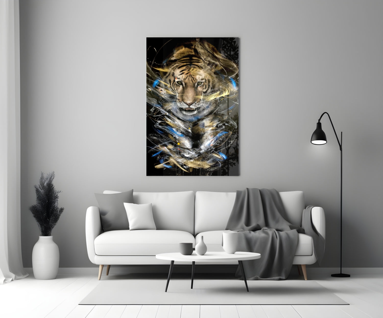 Tiger glass art with blue and gold abstract streaks displayed above white sofa in modern living room.