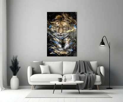 Tiger glass art with blue and gold abstract streaks displayed above white sofa in modern living room.