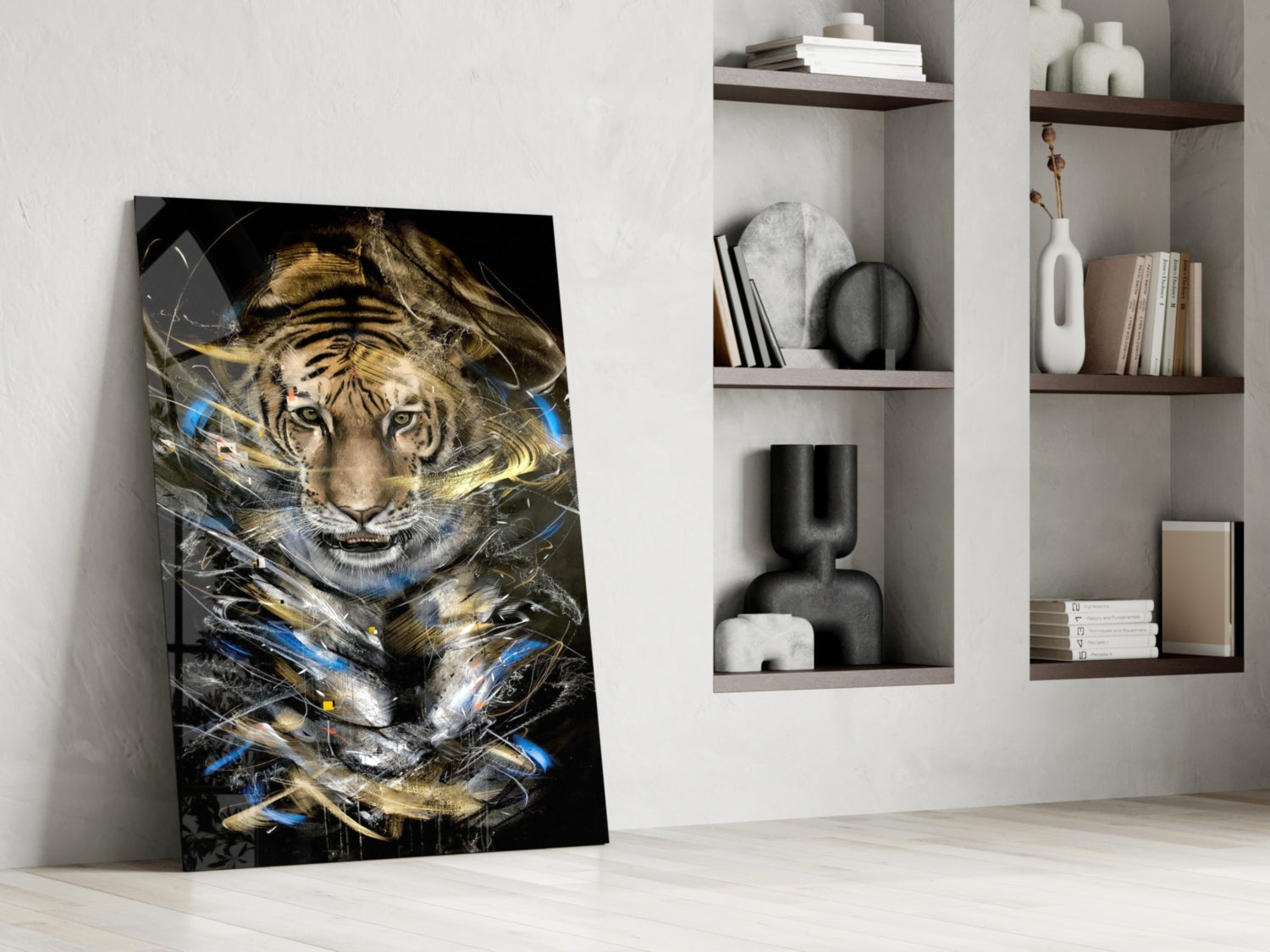 Tiger glass art leaning against white wall beside shelving, featuring golden and blue abstract streaks over tiger face on black background.