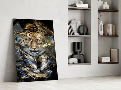 Tiger glass art leaning against white wall beside shelving, featuring golden and blue abstract streaks over tiger face on black background.