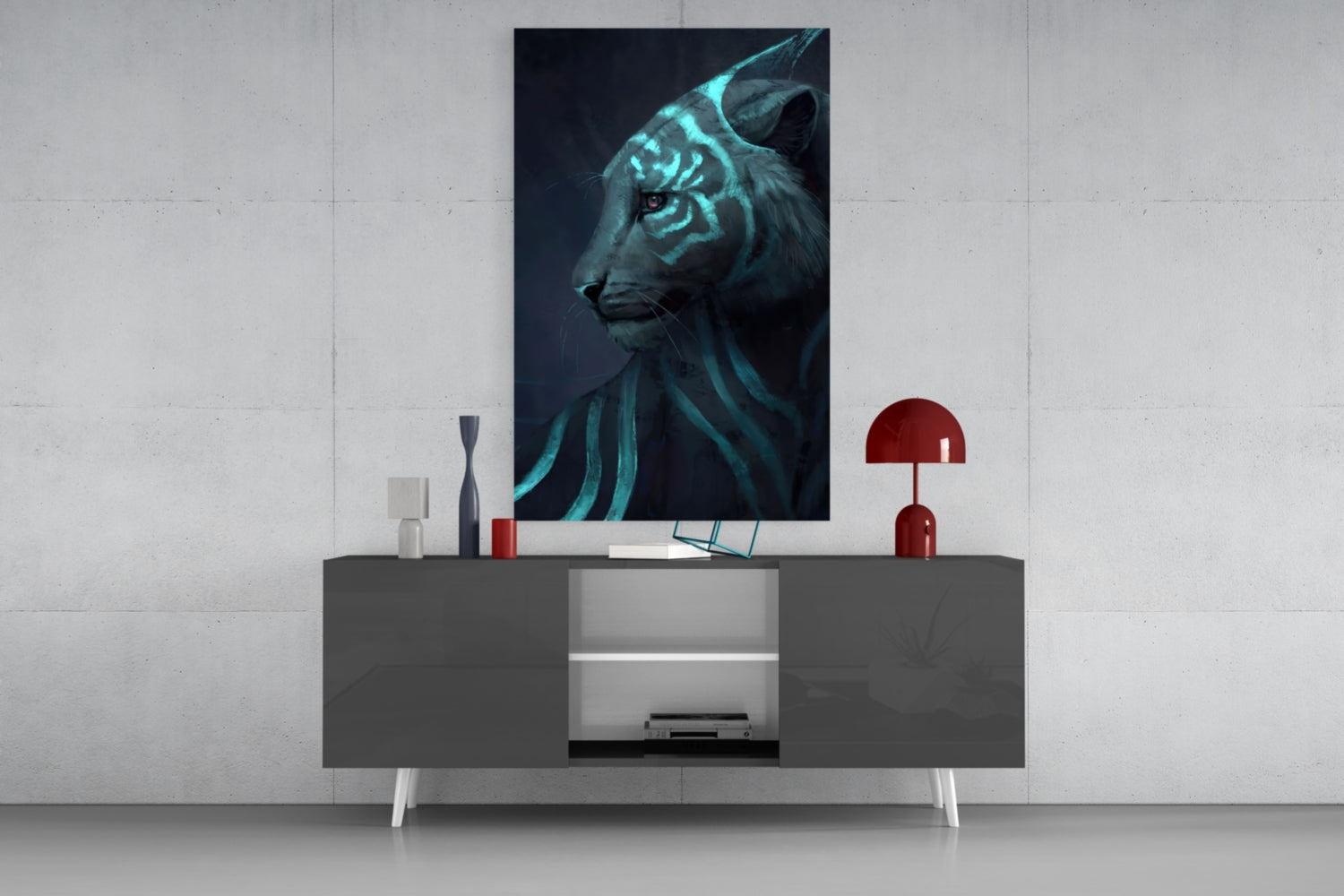 Neon Tiger Glass Art displayed on wall above gray console table with red lamp and decorative items.