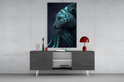 Neon Tiger Glass Art displayed on wall above gray console table with red lamp and decorative items.