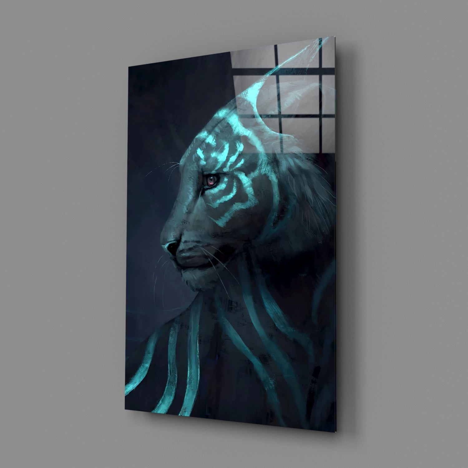 Angled perspective of neon tiger glass art panel showing glowing cyan striped tiger head against dark background with grid overlay.