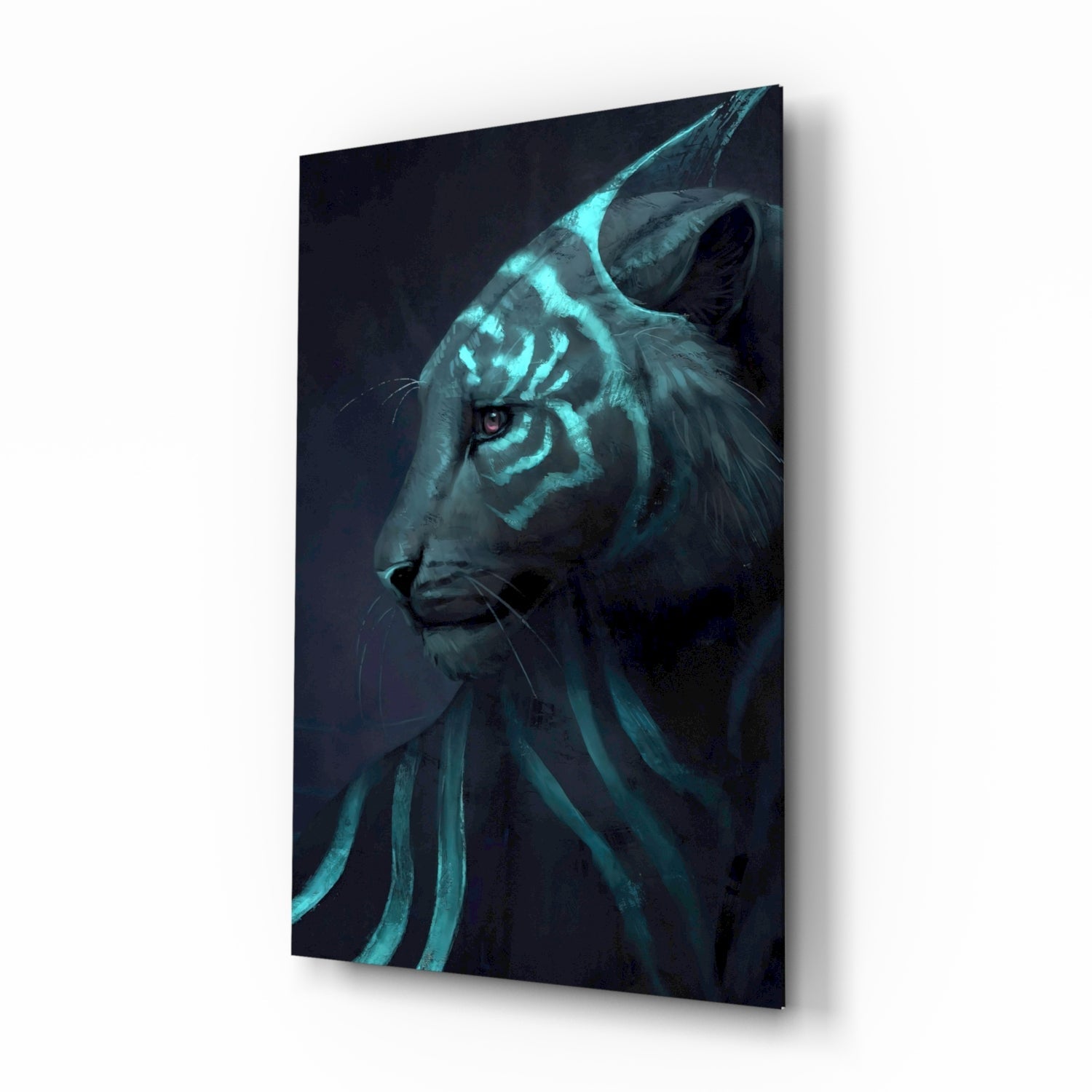 Neon tiger glass art displaying a side profile with cyan glowing stripes on dark background, mounted on wall.