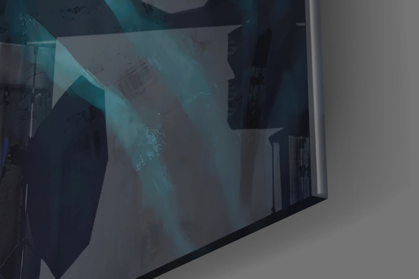 Close-up angled view of Neon Tiger Glass Art displaying teal and dark geometric shapes with reflective glass surface.