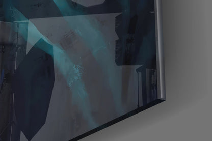 Close-up angled view of Neon Tiger Glass Art displaying teal and dark geometric shapes with reflective glass surface.
