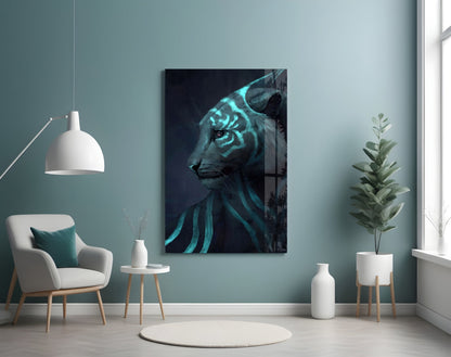 Neon Tiger Glass Art displaying glowing turquoise stripes on dark tiger portrait, mounted on teal bedroom wall above white chair.