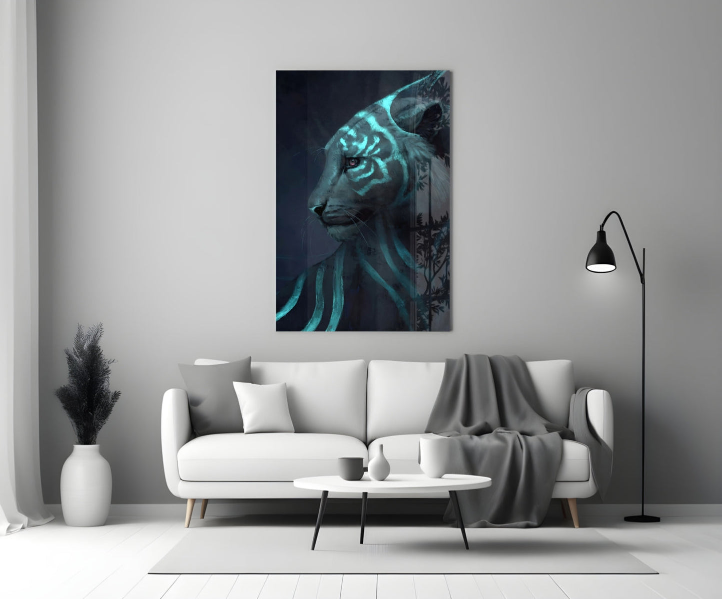 Neon Tiger Glass Art mounted on white wall above sofa, glowing cyan stripes and geometric patterns on dark background.