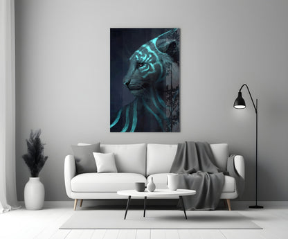 Neon Tiger Glass Art mounted on white wall above sofa, glowing cyan stripes and geometric patterns on dark background.