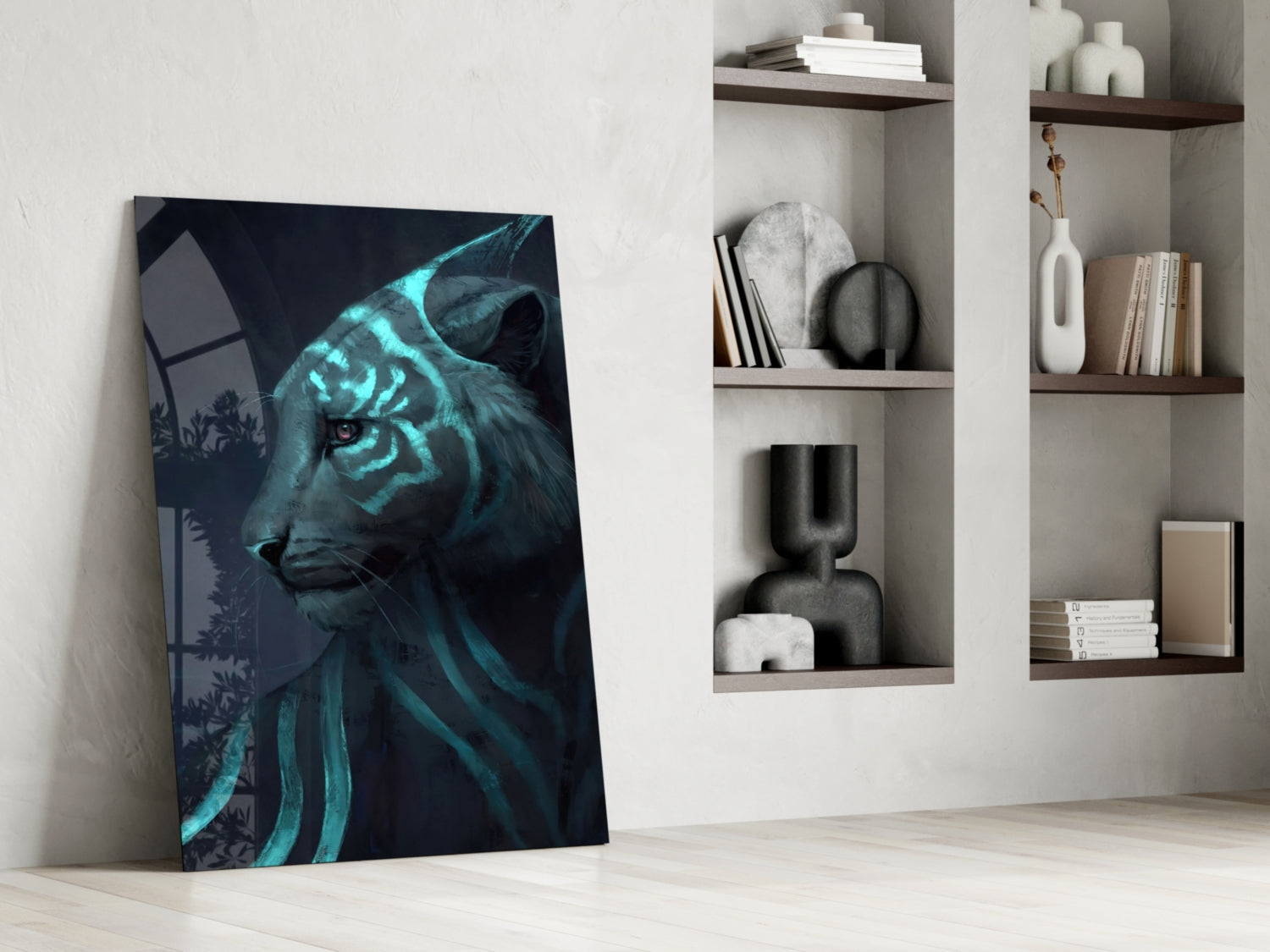 Neon Tiger Glass Art leaning against white wall beside shelving unit, featuring glowing cyan stripes on dark background.
