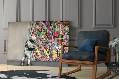 Modern living room interior featuring Behind the Curtain glass art displaying child pulling back curtain to reveal colorful graffiti-style abstract patterns.