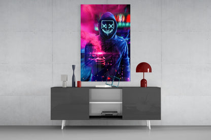 Neon Protest Glass Art displayed on gray wall above dark credenza, showing glowing cyan and magenta figure with X-eyes and smile.