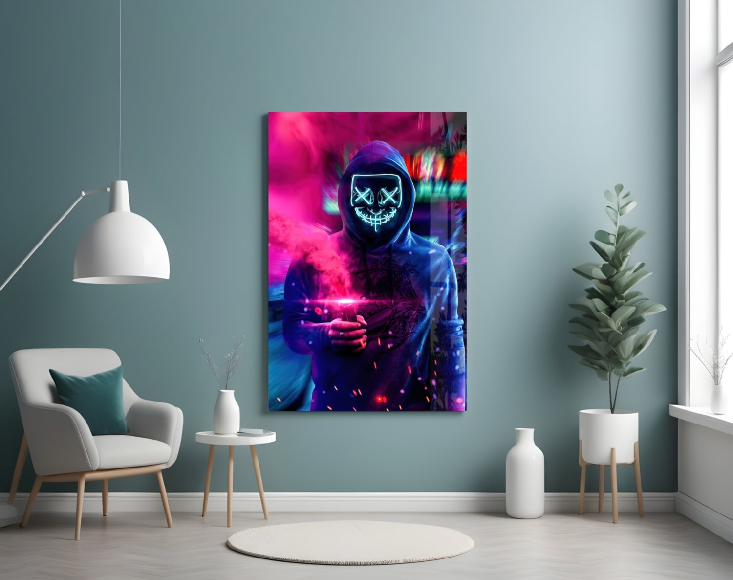 Neon protest glass art canvas displaying glowing cyan X-eyes and pink-blue atmospheric lighting hung in modern living room setting.