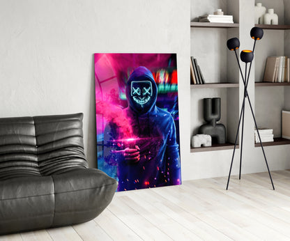 Neon Protest Glass Art displayed in modern living room beside gray sofa, showing glowing cyan and pink neon face design on vibrant magenta and blue background.