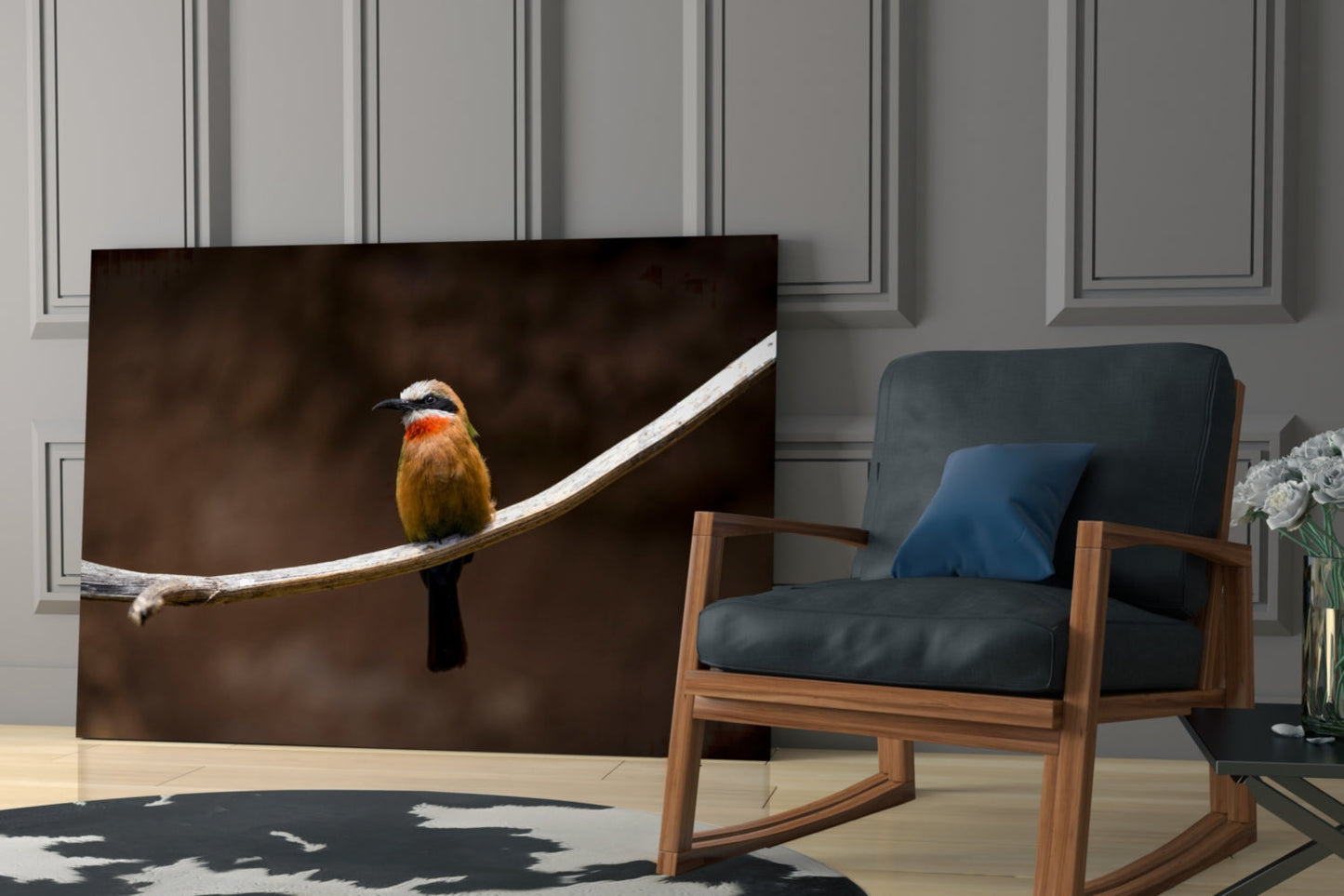 Colorful bee eater bird perched on white branch against dark brown blurred background, displayed as glass art in modern living room setting.