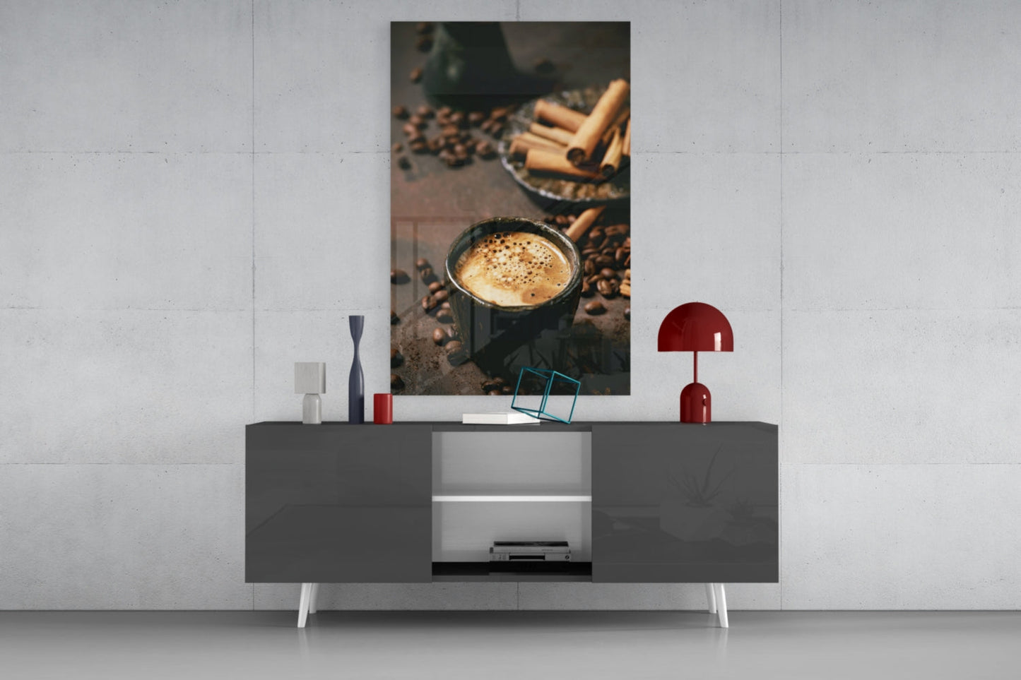 Cinnamon Coffee Glass Art displayed on dark modern sideboard with red lamp and decorative accessories against white wall.