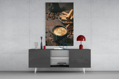Cinnamon Coffee Glass Art displayed on dark modern sideboard with red lamp and decorative accessories against white wall.