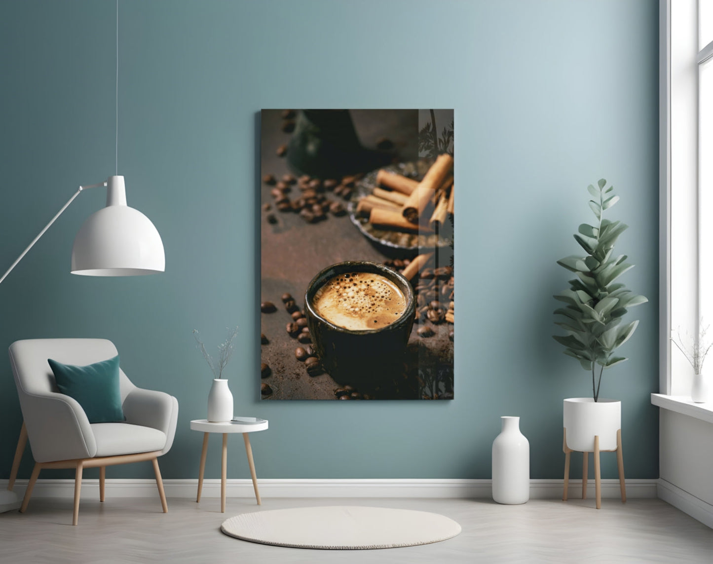 Cinnamon Coffee Glass Art displayed on turquoise wall showing espresso cup with coffee beans and cinnamon sticks.