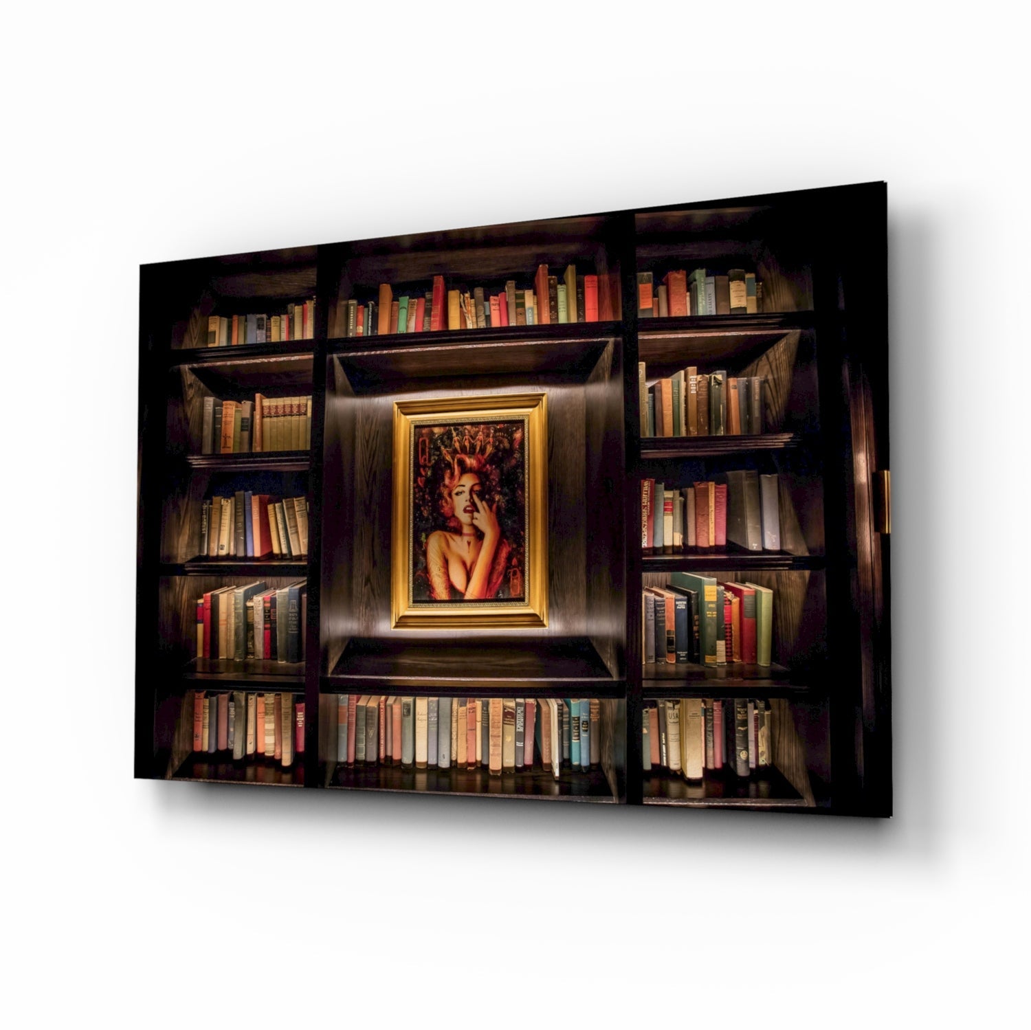 Dark wooden bookshelf with glass doors displaying colorful books and a gold-framed portrait of a woman in the center, photographed at an angle against white background.
