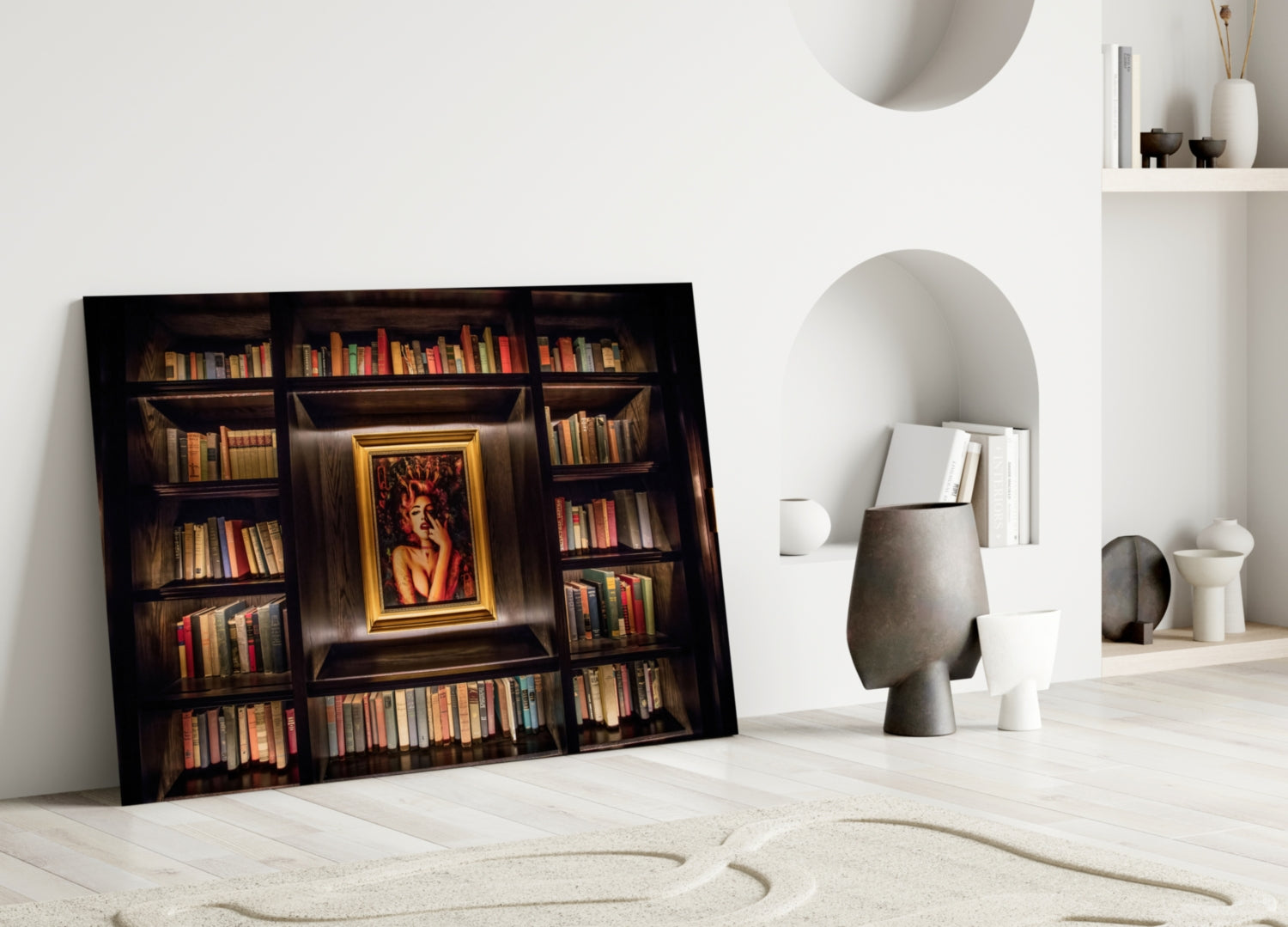 Framed glass art leaning against white wall displays illuminated wooden bookshelf with colorful books and centered portrait in gold frame.