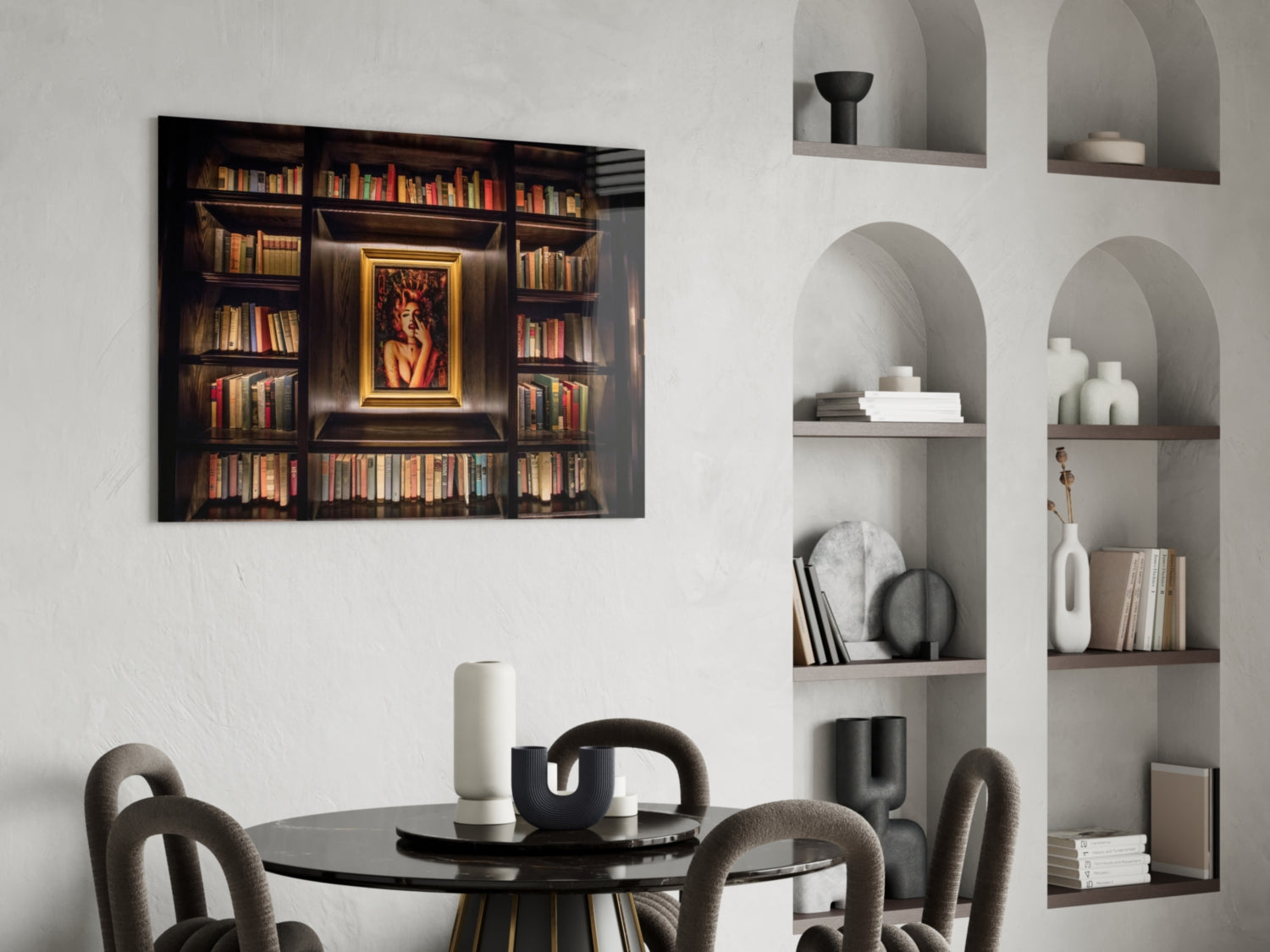 Glass art print of illuminated dark wood bookshelf with gold-framed portrait displayed above modern dining table with chairs.