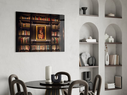 Glass art print of illuminated dark wood bookshelf with gold-framed portrait displayed above modern dining table with chairs.